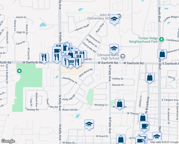 map of restaurants, bars, coffee shops, grocery stores, and more near 504 Holly Hill Road in Edmond