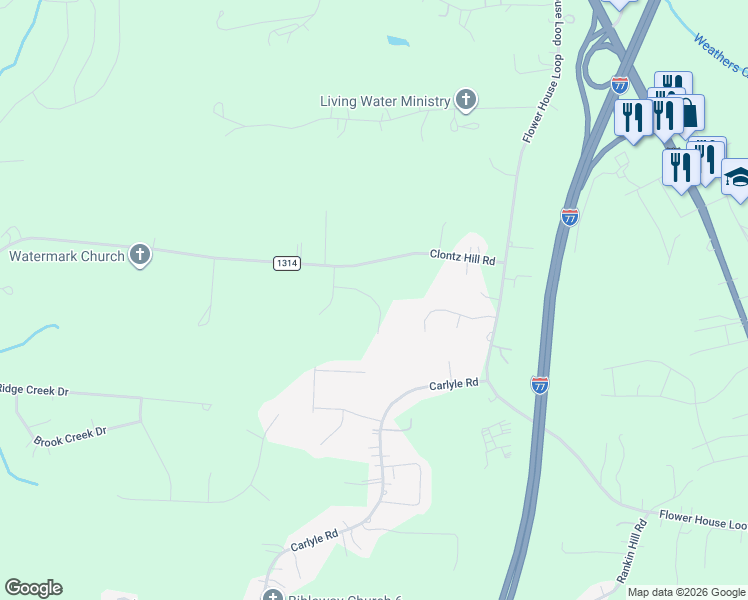 map of restaurants, bars, coffee shops, grocery stores, and more near 142 Misty Spring Road in Troutman