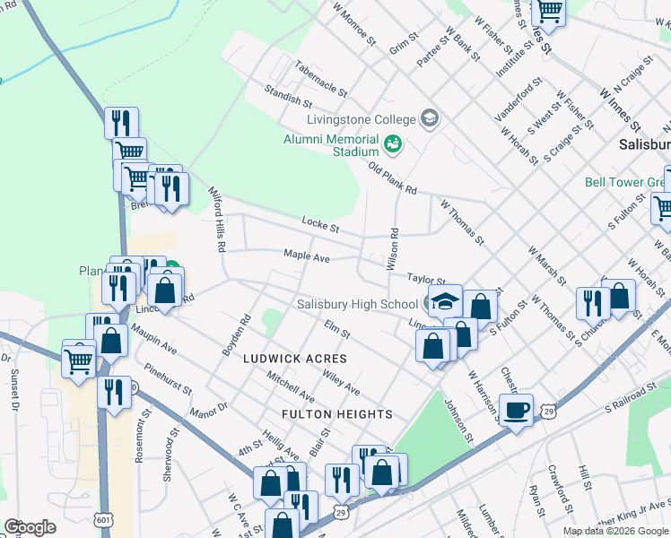 map of restaurants, bars, coffee shops, grocery stores, and more near 729 Grace Street in Salisbury