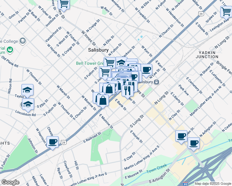 map of restaurants, bars, coffee shops, grocery stores, and more near 216 South Main Street in Salisbury