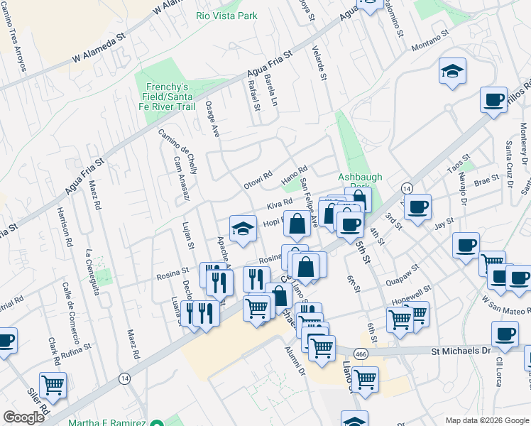 map of restaurants, bars, coffee shops, grocery stores, and more near 1971 Hopi Road in Santa Fe