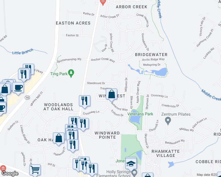 map of restaurants, bars, coffee shops, grocery stores, and more near 216 Trayesan Drive in Holly Springs