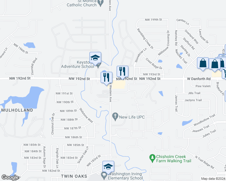 map of restaurants, bars, coffee shops, grocery stores, and more near 1029 Northwest 191st Street in Edmond