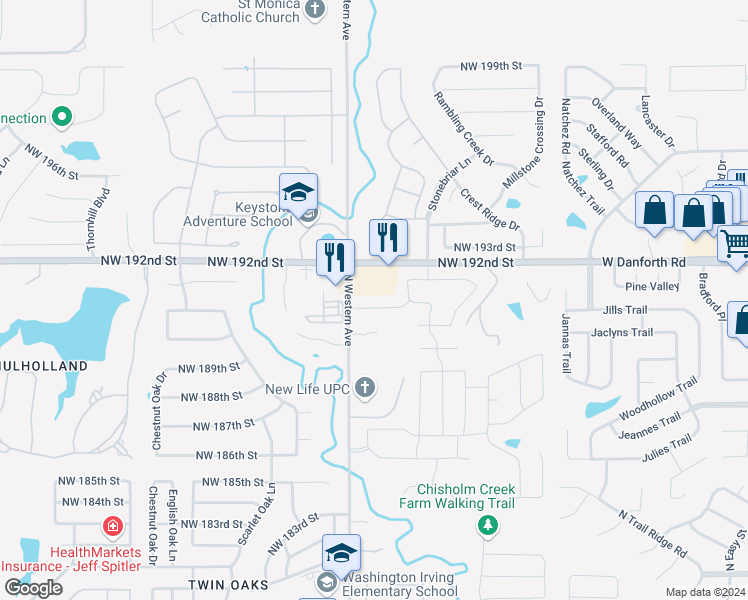 map of restaurants, bars, coffee shops, grocery stores, and more near 1013 Northwest 191st Street in Edmond