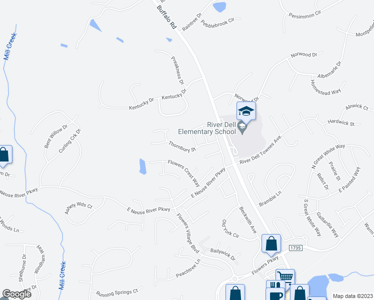 map of restaurants, bars, coffee shops, grocery stores, and more near Thornbury Street in Clayton