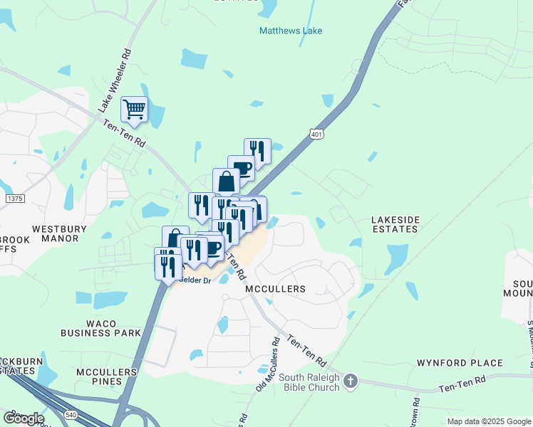 map of restaurants, bars, coffee shops, grocery stores, and more near Shady Summit Way in Garner