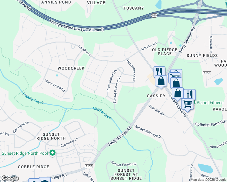 map of restaurants, bars, coffee shops, grocery stores, and more near 4812 Sunset Fairways Drive in Apex