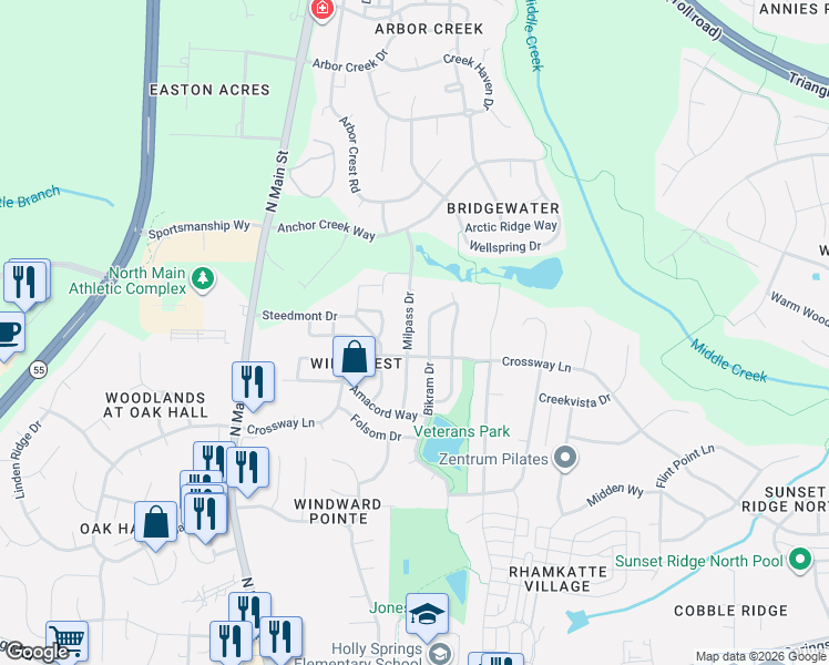 map of restaurants, bars, coffee shops, grocery stores, and more near 201 Milpass Drive in Holly Springs