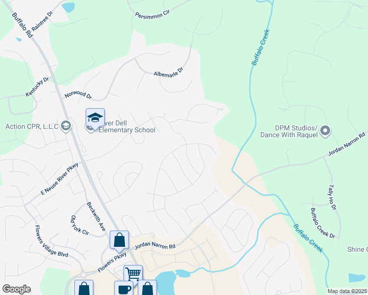 map of restaurants, bars, coffee shops, grocery stores, and more near 302 North Great White Way in Clayton
