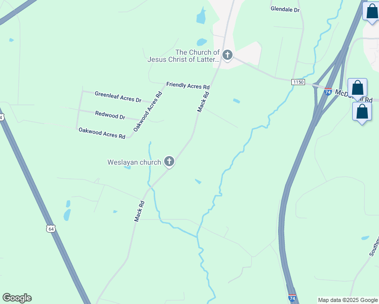 map of restaurants, bars, coffee shops, grocery stores, and more near 1135 Mack Road in Asheboro
