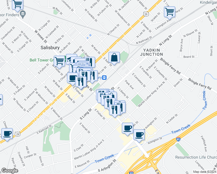 map of restaurants, bars, coffee shops, grocery stores, and more near 322 East Council Street in Salisbury