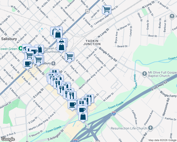 map of restaurants, bars, coffee shops, grocery stores, and more near 422 Martin Luther King Junior Avenue North in Salisbury