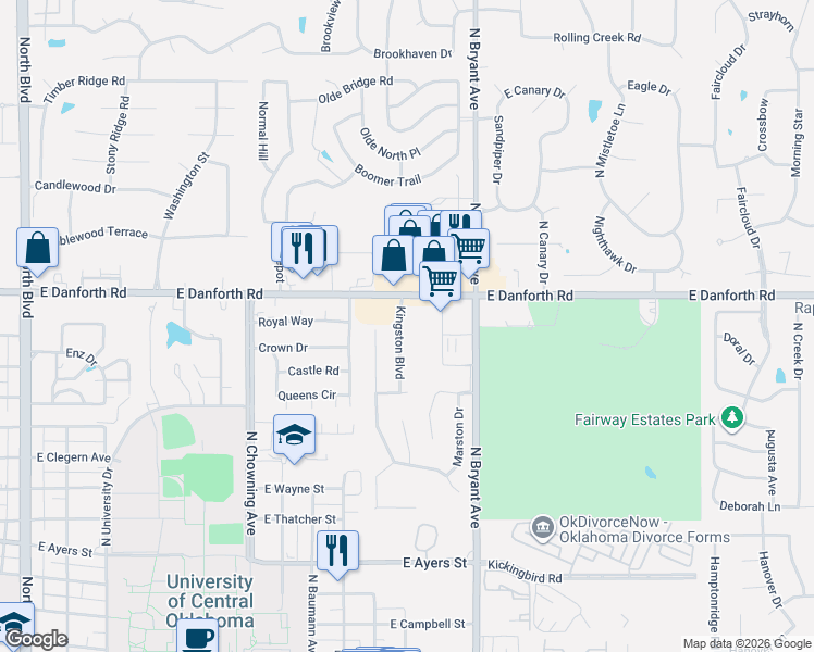 map of restaurants, bars, coffee shops, grocery stores, and more near 1073 North Bryant Avenue in Edmond