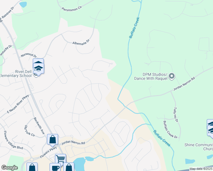 map of restaurants, bars, coffee shops, grocery stores, and more near 419 North Great White Way in Clayton