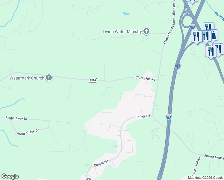 map of restaurants, bars, coffee shops, grocery stores, and more near 114 Misty Spring Road in Troutman