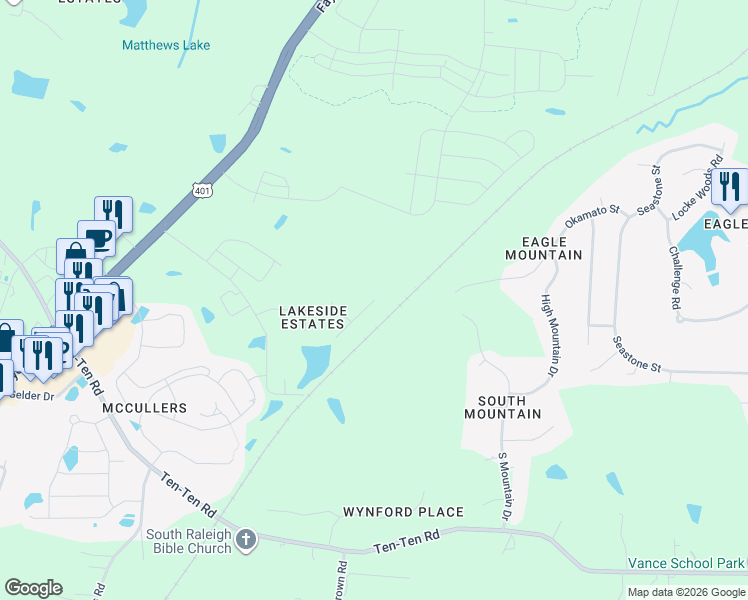 map of restaurants, bars, coffee shops, grocery stores, and more near 7800 Crestwood Drive in Raleigh