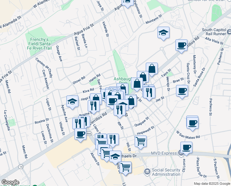 map of restaurants, bars, coffee shops, grocery stores, and more near 1814 Kiva Road in Santa Fe