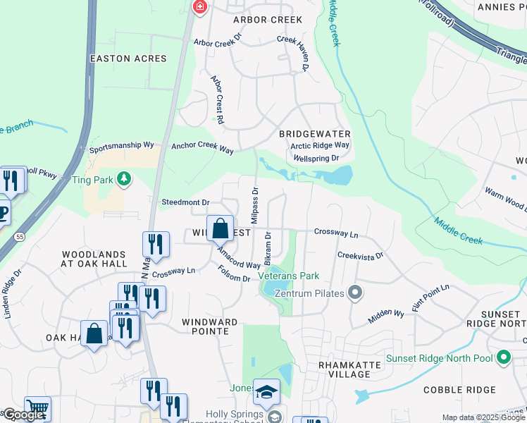 map of restaurants, bars, coffee shops, grocery stores, and more near 108 Bikram Drive in Holly Springs