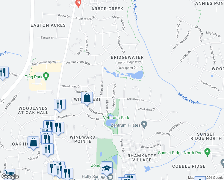 map of restaurants, bars, coffee shops, grocery stores, and more near 212 Apple Drupe Way in Holly Springs