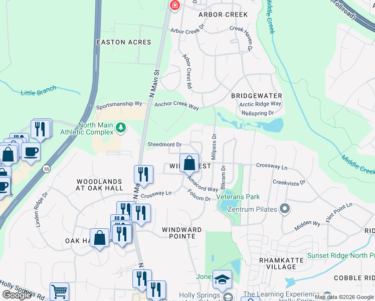 map of restaurants, bars, coffee shops, grocery stores, and more near 352 Trayesan Drive in Holly Springs