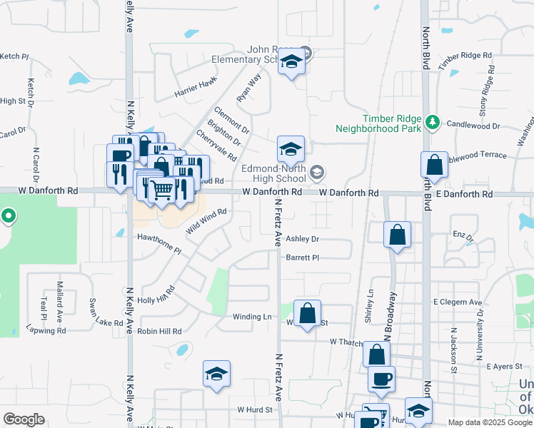 map of restaurants, bars, coffee shops, grocery stores, and more near 3340 Fretz Avenue in Edmond