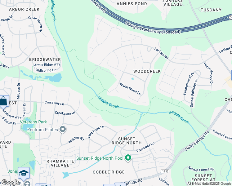 map of restaurants, bars, coffee shops, grocery stores, and more near 104 Cicada Place in Apex