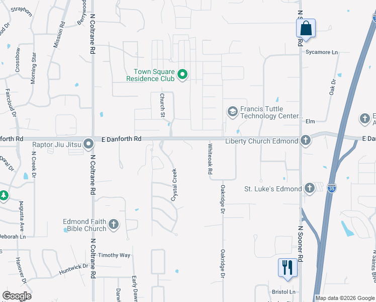 map of restaurants, bars, coffee shops, grocery stores, and more near 3500 East Danforth Road in Luther