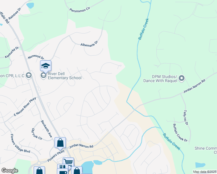 map of restaurants, bars, coffee shops, grocery stores, and more near 392 North Great White Way in Clayton
