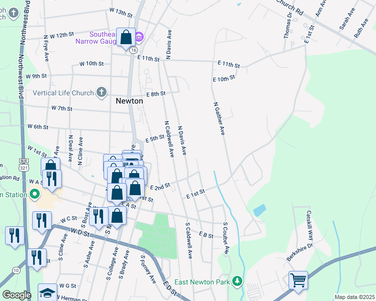 map of restaurants, bars, coffee shops, grocery stores, and more near 413 N Davis Ave in Newton