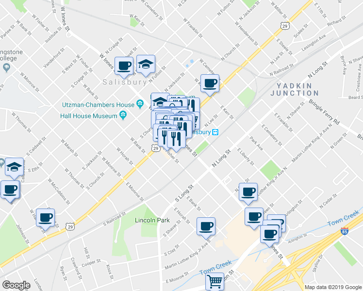 map of restaurants, bars, coffee shops, grocery stores, and more near 131 East Innes Street in Salisbury