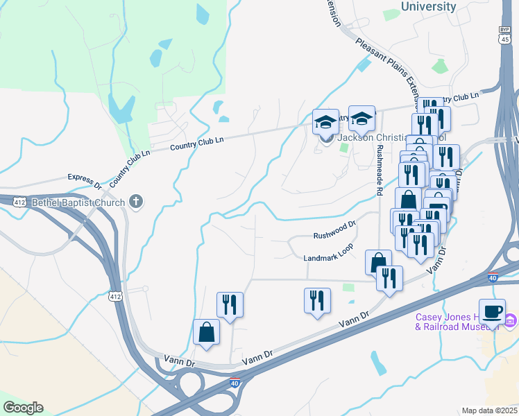 map of restaurants, bars, coffee shops, grocery stores, and more near 92 Boyd Drive in Jackson