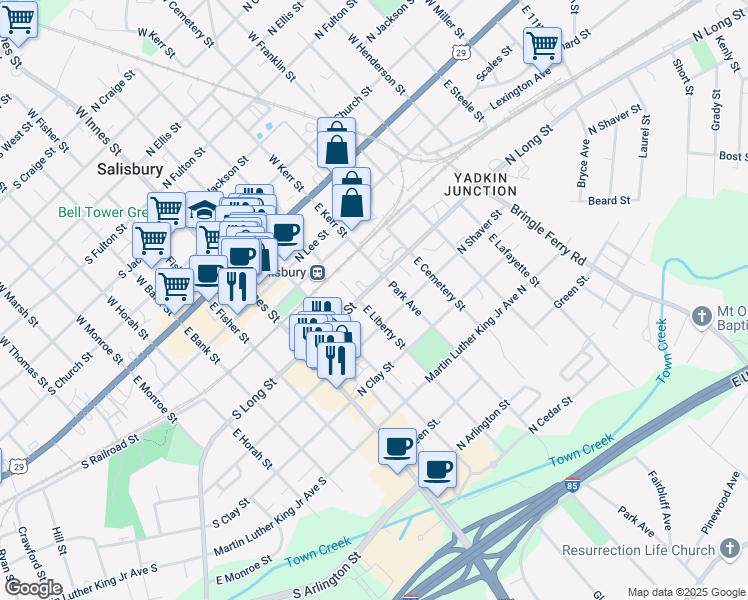 map of restaurants, bars, coffee shops, grocery stores, and more near 312 North Long Street in Salisbury