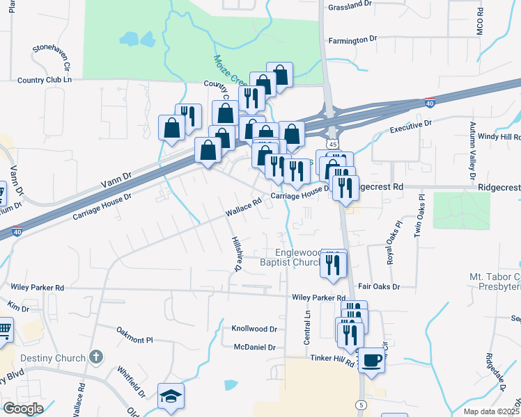 map of restaurants, bars, coffee shops, grocery stores, and more near 134 Carriage House Drive in Jackson