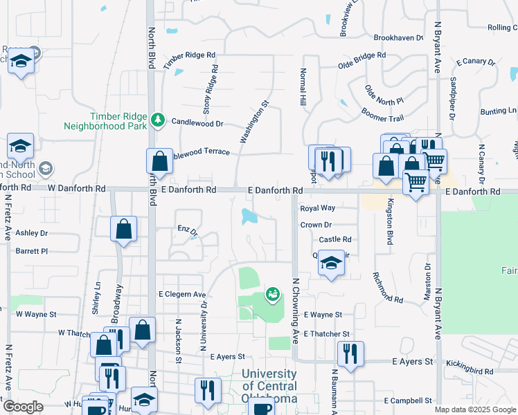 map of restaurants, bars, coffee shops, grocery stores, and more near 1210 Roosevelt Street in Edmond