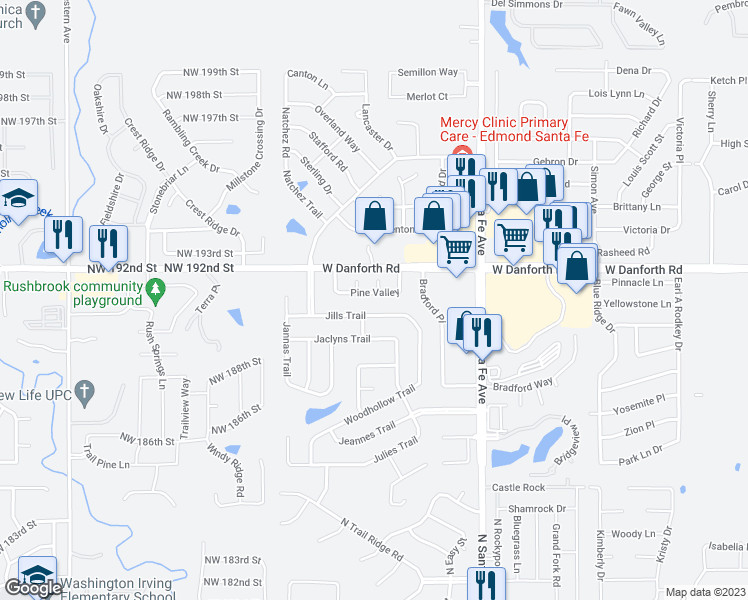 map of restaurants, bars, coffee shops, grocery stores, and more near 1204 Scotch Pine in Edmond