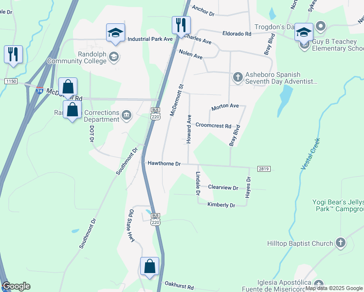 map of restaurants, bars, coffee shops, grocery stores, and more near 956 Howard Avenue in Asheboro