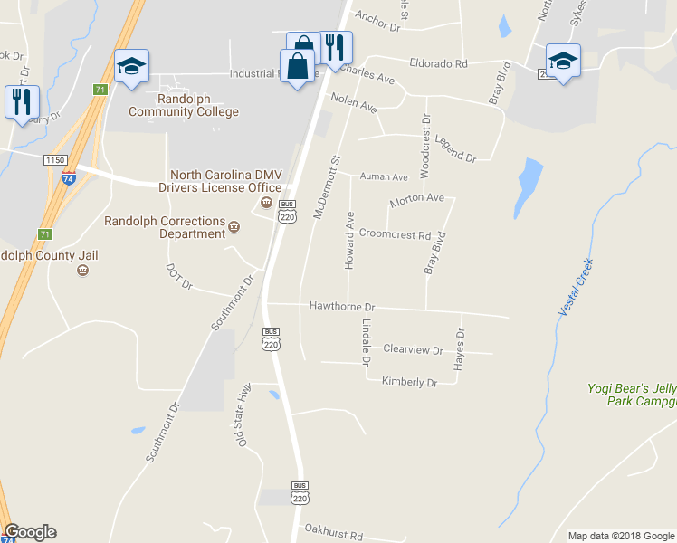 map of restaurants, bars, coffee shops, grocery stores, and more near 956 Howard Avenue in Asheboro