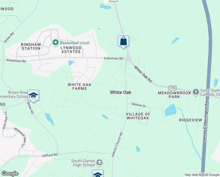 map of restaurants, bars, coffee shops, grocery stores, and more near 7900 Hebron Church Road in Garner