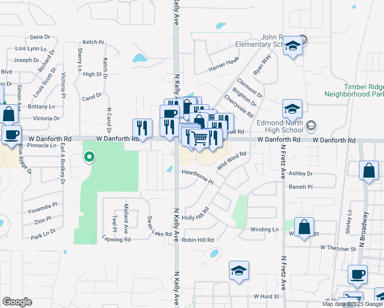 map of restaurants, bars, coffee shops, grocery stores, and more near 836 West Danforth Road in Edmond