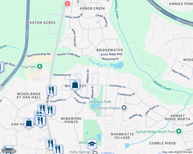 map of restaurants, bars, coffee shops, grocery stores, and more near 108 Bikram Drive in Holly Springs
