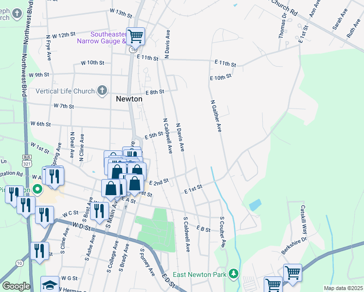 map of restaurants, bars, coffee shops, grocery stores, and more near 413 N Davis Ave in Newton