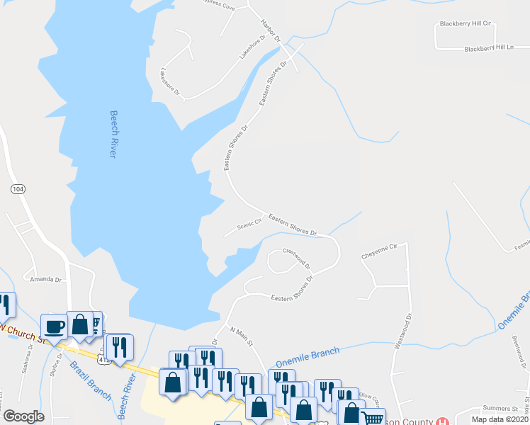 map of restaurants, bars, coffee shops, grocery stores, and more near 266 Eastern Shores Drive in Lexington