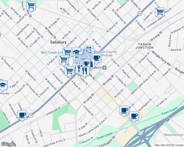 map of restaurants, bars, coffee shops, grocery stores, and more near 124 East Innes Street in Salisbury