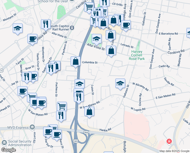 map of restaurants, bars, coffee shops, grocery stores, and more near 1520 Luisa Street in Santa Fe