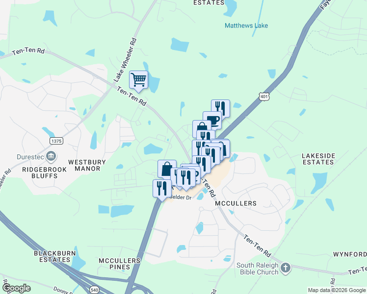 map of restaurants, bars, coffee shops, grocery stores, and more near 7801 Ten-Ten Road in Raleigh