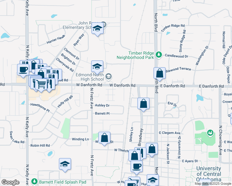 map of restaurants, bars, coffee shops, grocery stores, and more near 116 West Danforth Road in Edmond