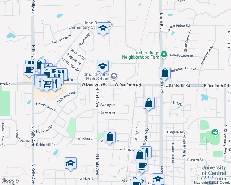 map of restaurants, bars, coffee shops, grocery stores, and more near 1225 Sequoyah Place in Edmond