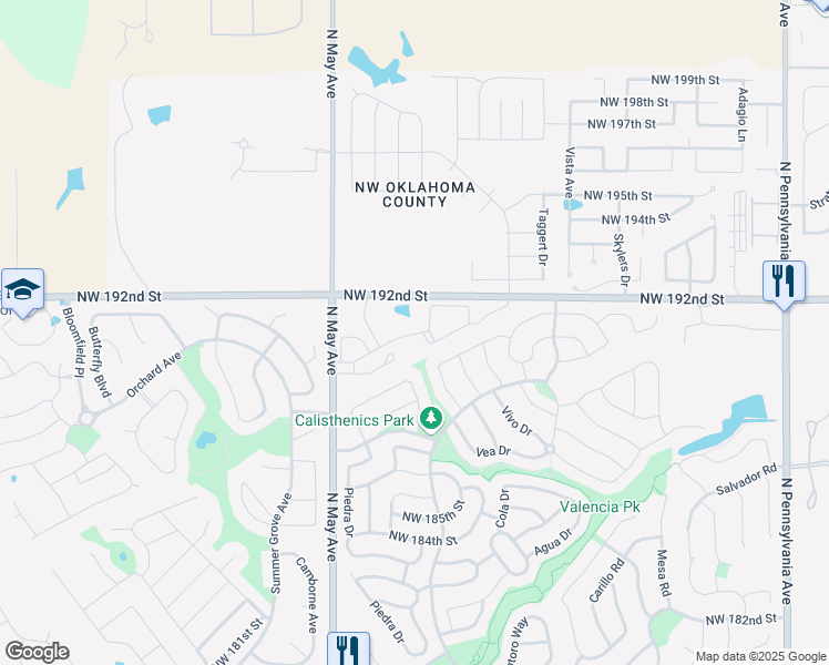 map of restaurants, bars, coffee shops, grocery stores, and more near 2890 Northwest 192nd Street in Edmond