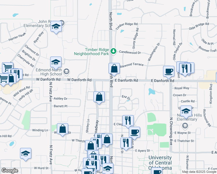 map of restaurants, bars, coffee shops, grocery stores, and more near 1124 Florence Drive in Edmond