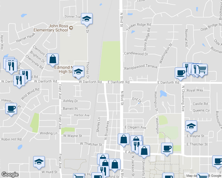 map of restaurants, bars, coffee shops, grocery stores, and more near 1113 Florence Drive in Edmond